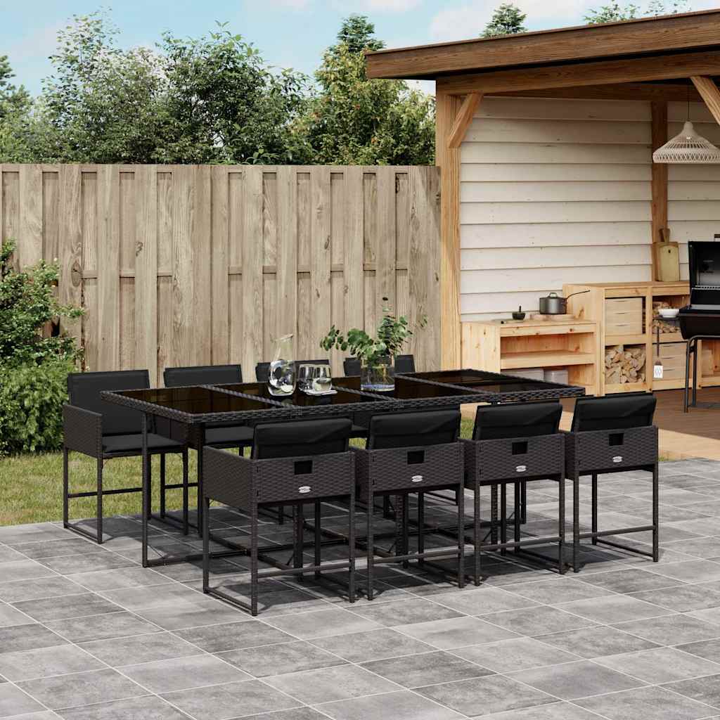 vidaXL 9-tlg. Garten-Essgruppe mit Kissen Schwarz Poly Rattan