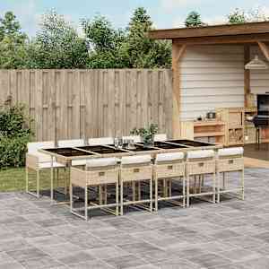 Vrtna jedilna garnitura 11-delna z blazinami bež poli ratan