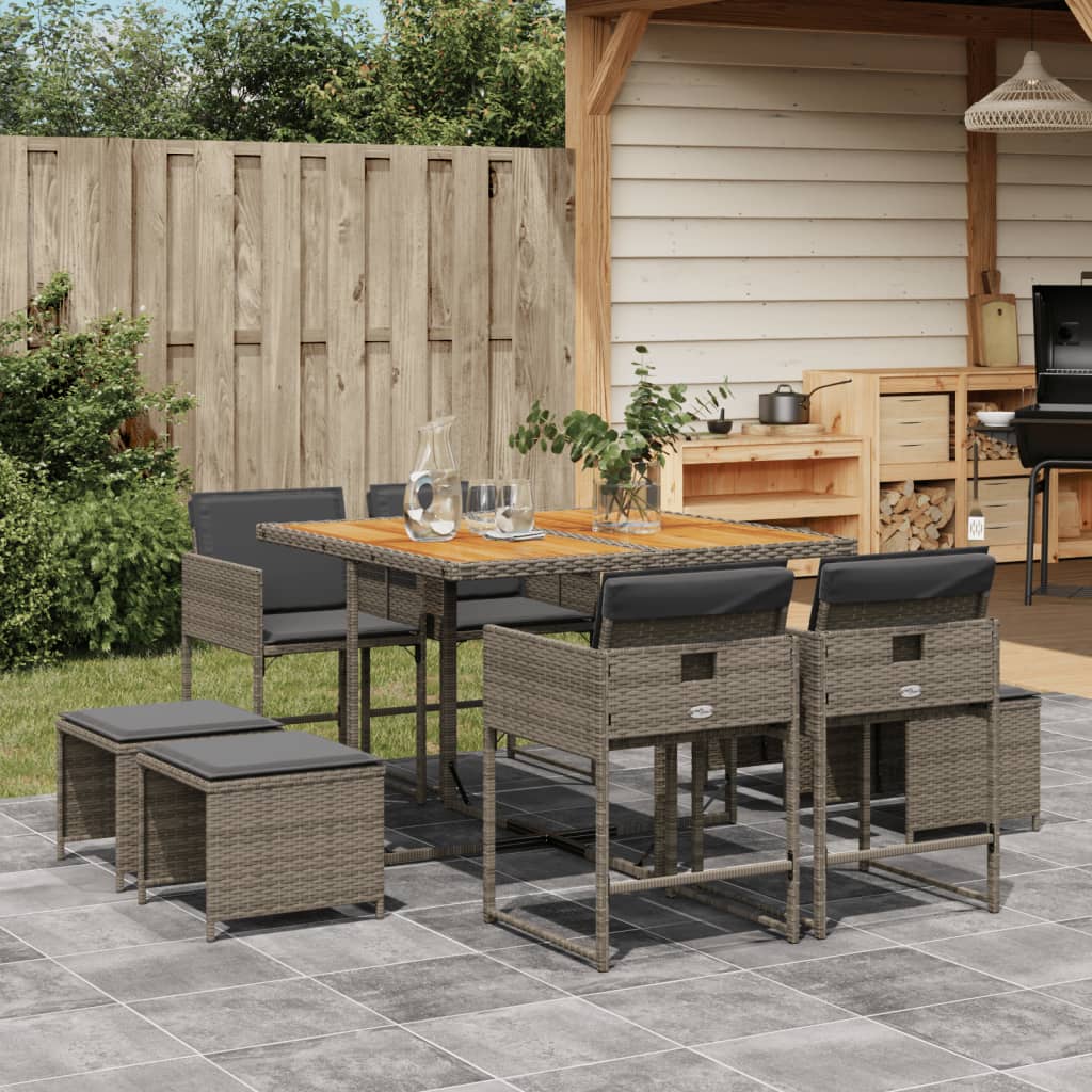 vidaXL 9-tlg. Garten-Essgruppe mit Kissen Grau Poly Rattan