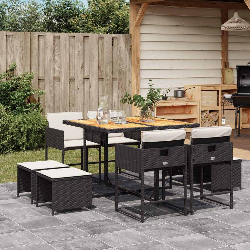 vidaXL 9-tlg. Garten-Essgruppe mit Kissen Schwarz Poly Rattan