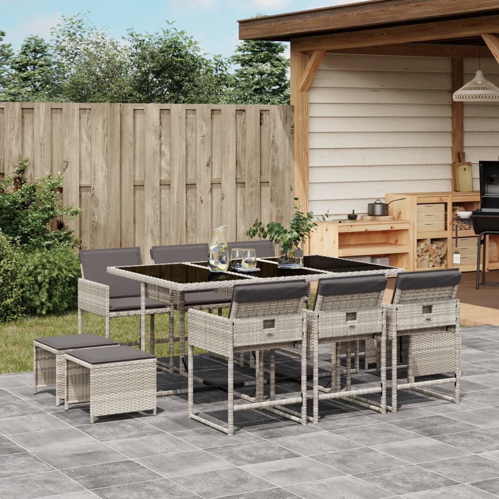 vidaXL 11-tlg. Garten-Essgruppe mit Kissen Hellgrau Poly Rattan