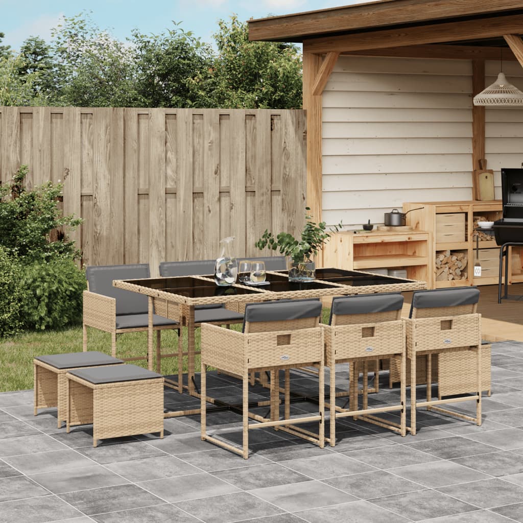 vidaXL 11-tlg. Garten-Essgruppe mit Kissen Beigemischung Poly Rattan