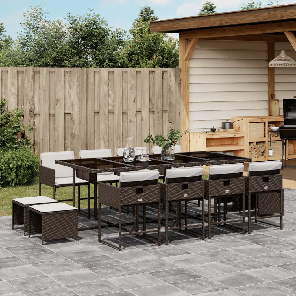 vidaXL 13-tlg. Garten-Essgruppe mit Kissen Braun Poly Rattan