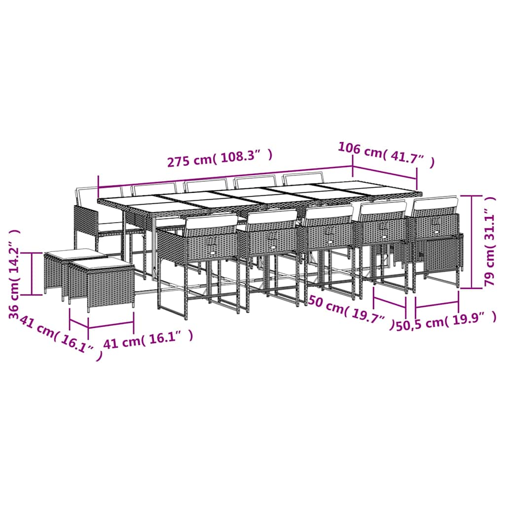 Set mobilier de grădină cu perne, 15 piese, negru, poliratan 3211350 - imagine 6