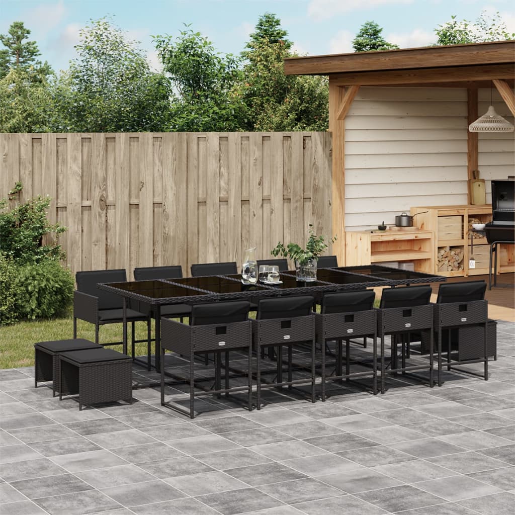 vidaXL 15-tlg. Garten-Essgruppe mit Kissen Schwarz Poly Rattan