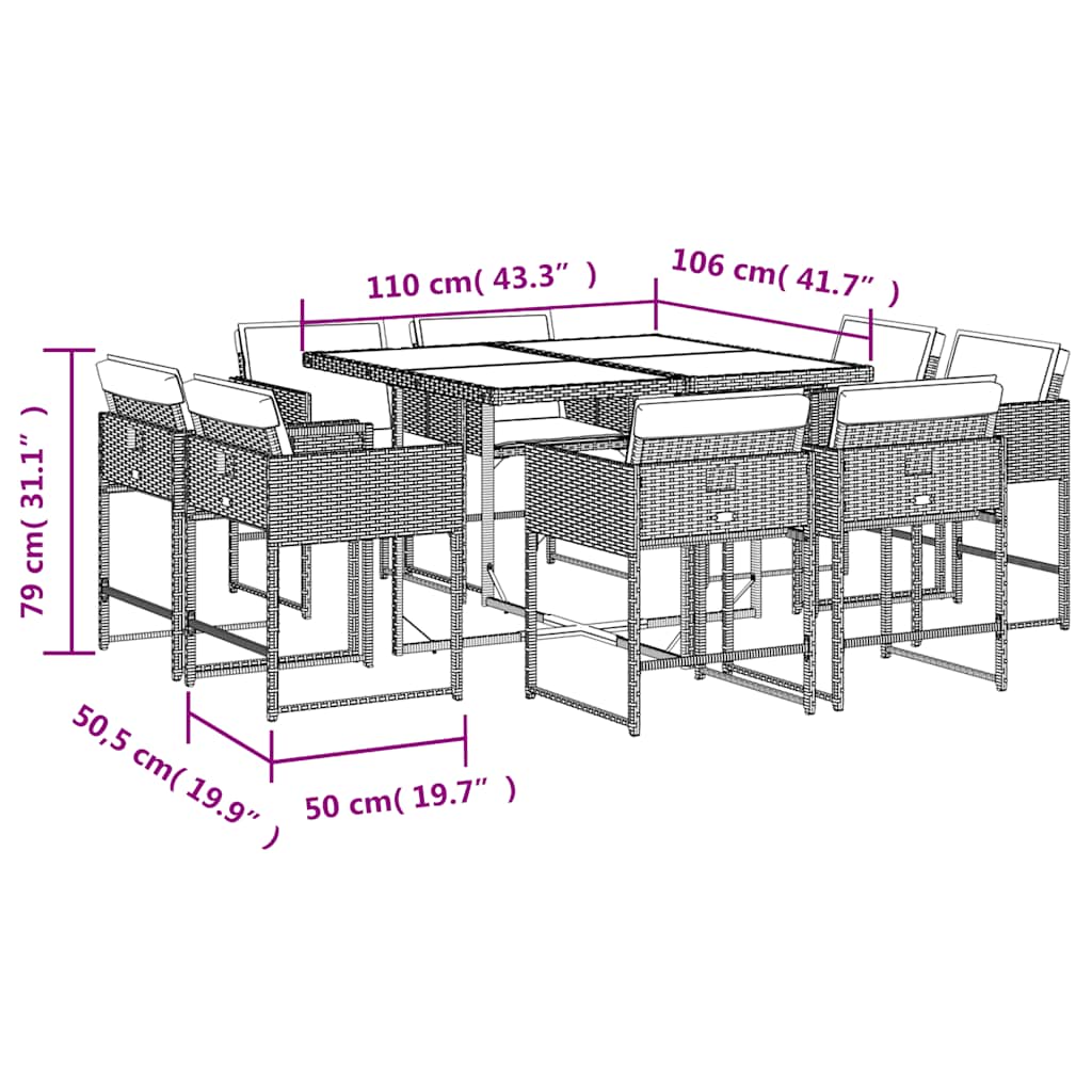 9dílný zahradní jídelní set s poduškami černý polyratan - obrázek 5