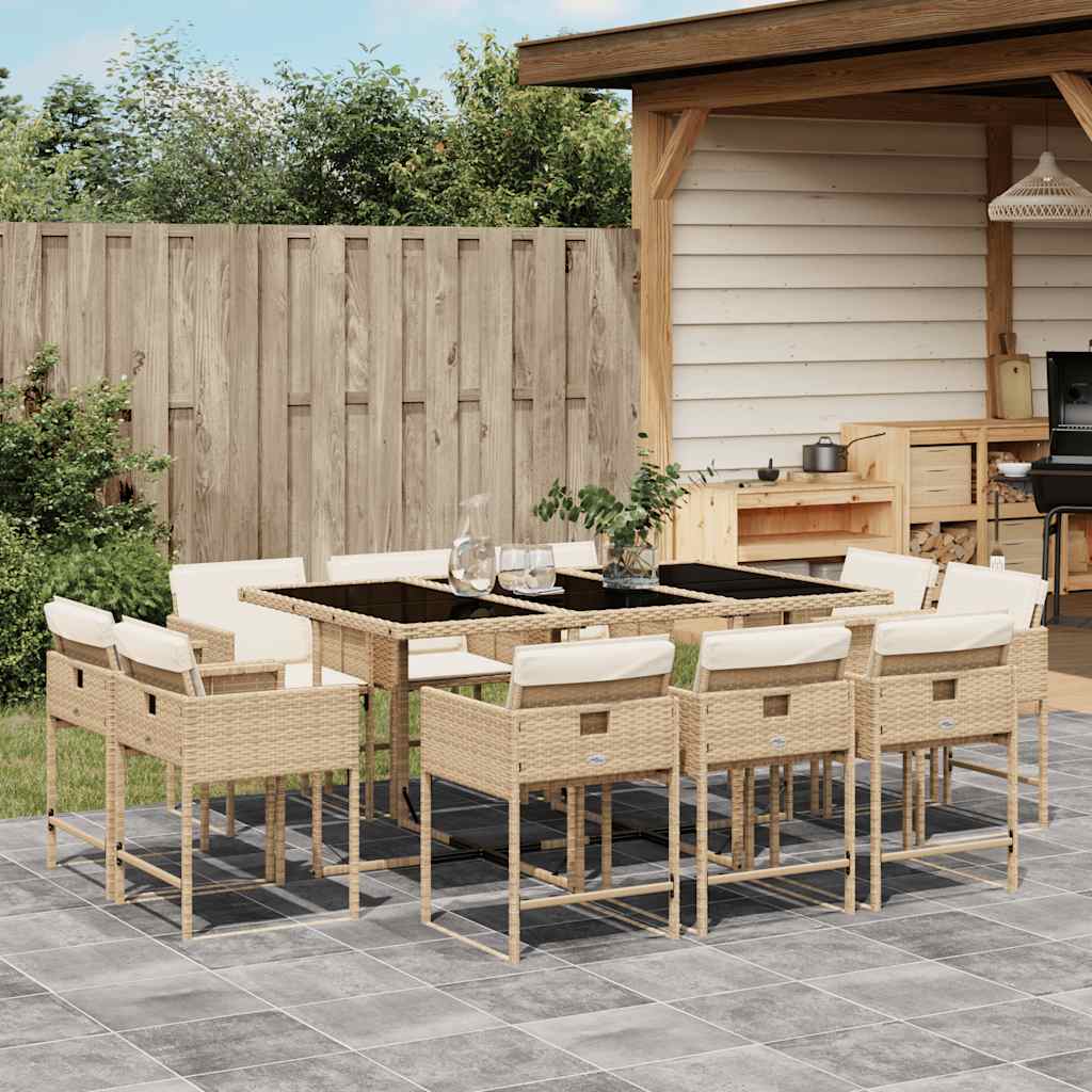 vidaXL 11-tlg. Garten-Essgruppe mit Kissen Beige Poly Rattan