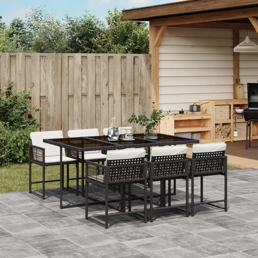 vidaXL 7-tlg. Garten-Essgruppe mit Kissen Schwarz Poly Rattan