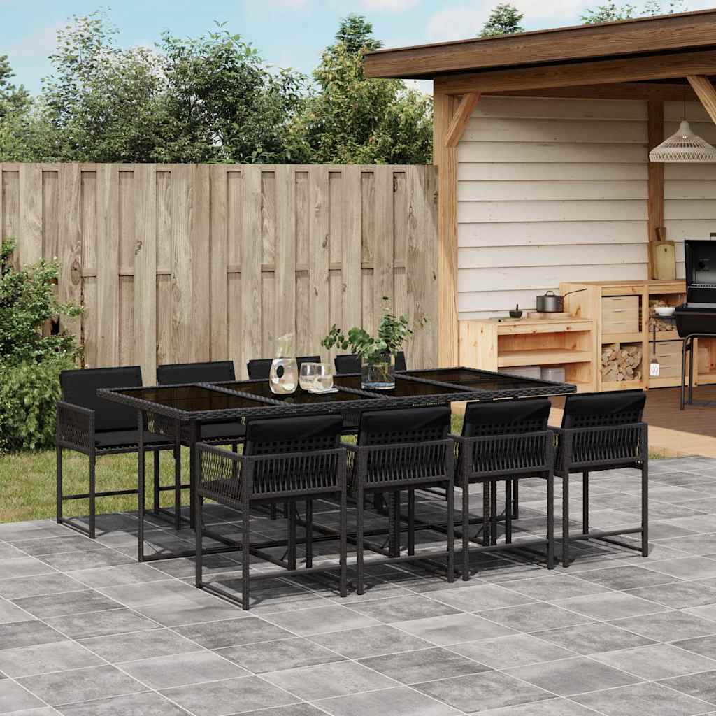 vidaXL 9-tlg. Garten-Essgruppe mit Kissen Schwarz Poly Rattan