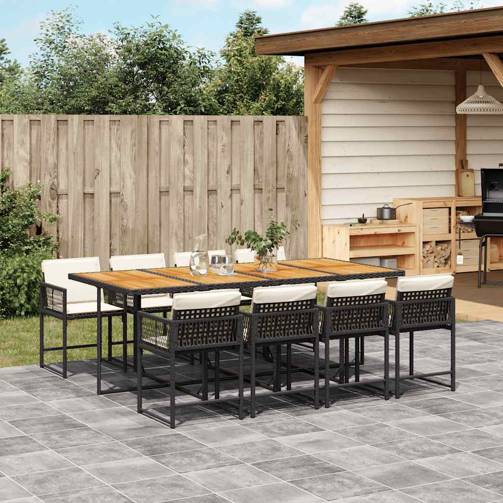 vidaXL 9-tlg. Garten-Essgruppe mit Kissen Schwarz Poly Rattan