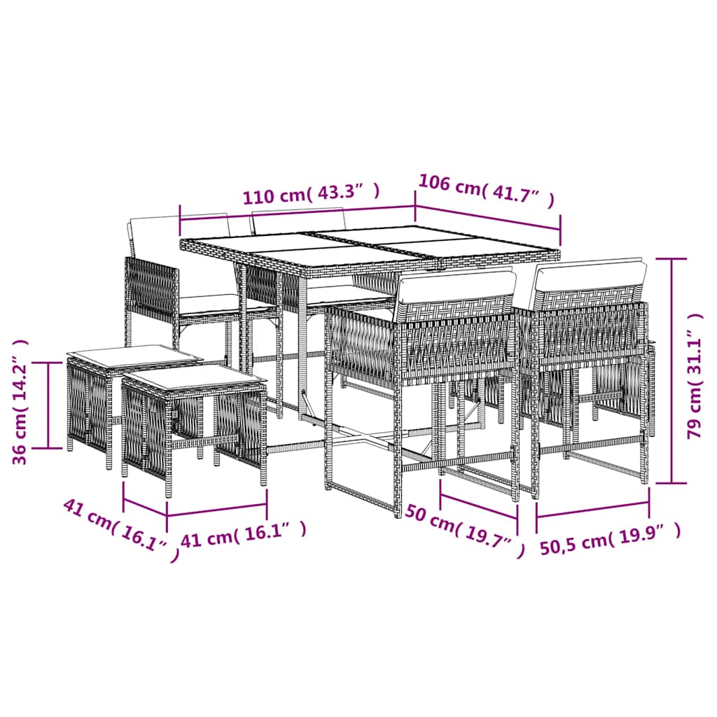 Set de masă pentru grădină, 9 piese, cu perne, bej, poliratan 3211498 - imagine 6