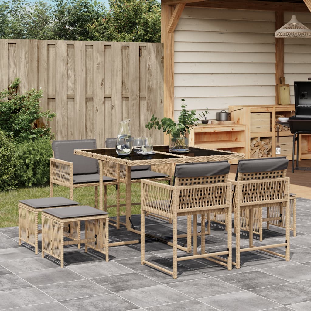 vidaXL 9-tlg. Garten-Essgruppe mit Kissen Beigemischung Poly Rattan