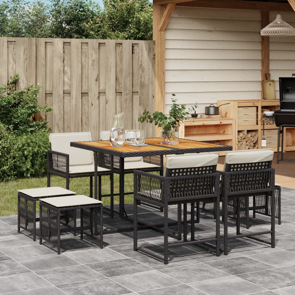 vidaXL 9-tlg. Garten-Essgruppe mit Kissen Schwarz Poly Rattan