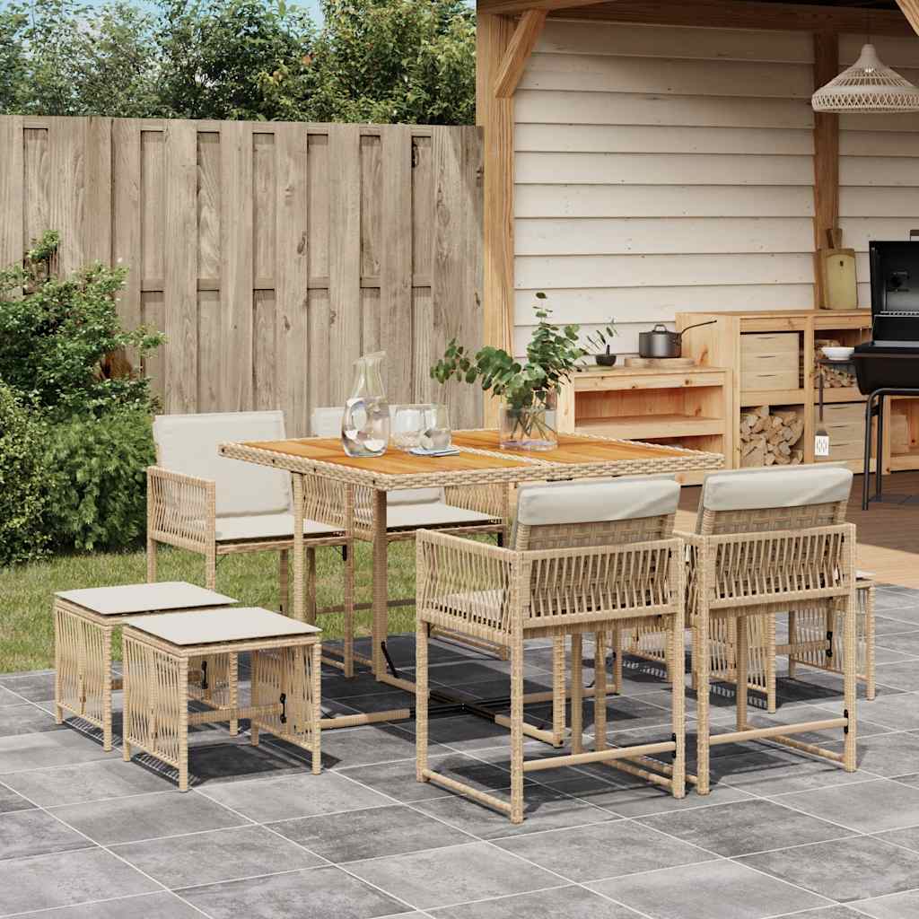 vidaXL spisebordssæt til haven 9 dele med hynder polyrattan beige