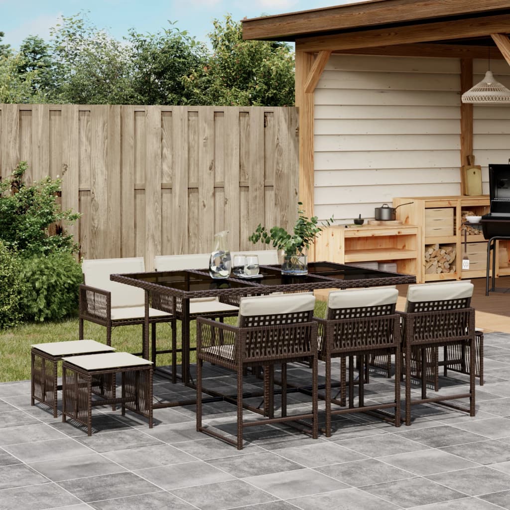 vidaXL 11-tlg. Garten-Essgruppe mit Kissen Braun Poly Rattan