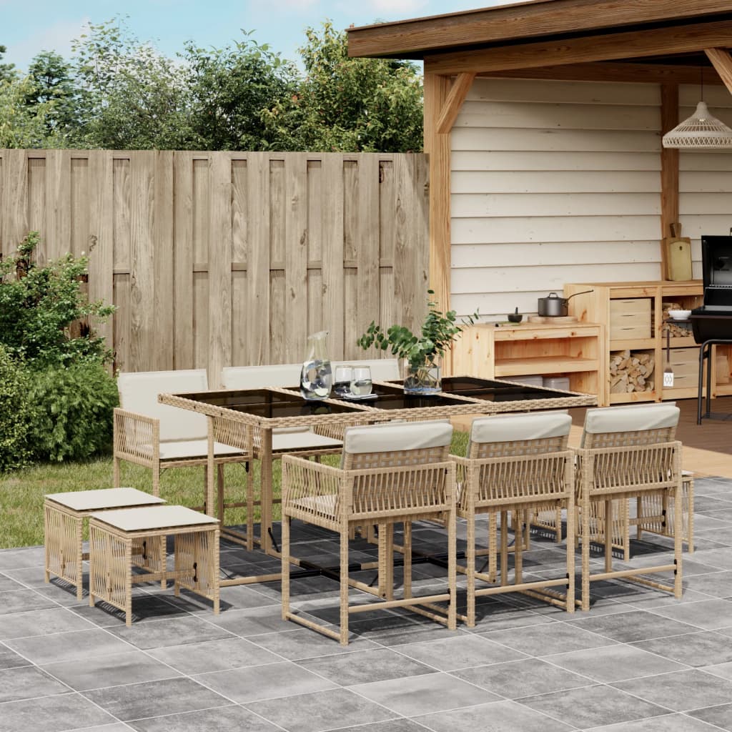 vidaXL 11-tlg. Garten-Essgruppe mit Kissen Beige Poly Rattan