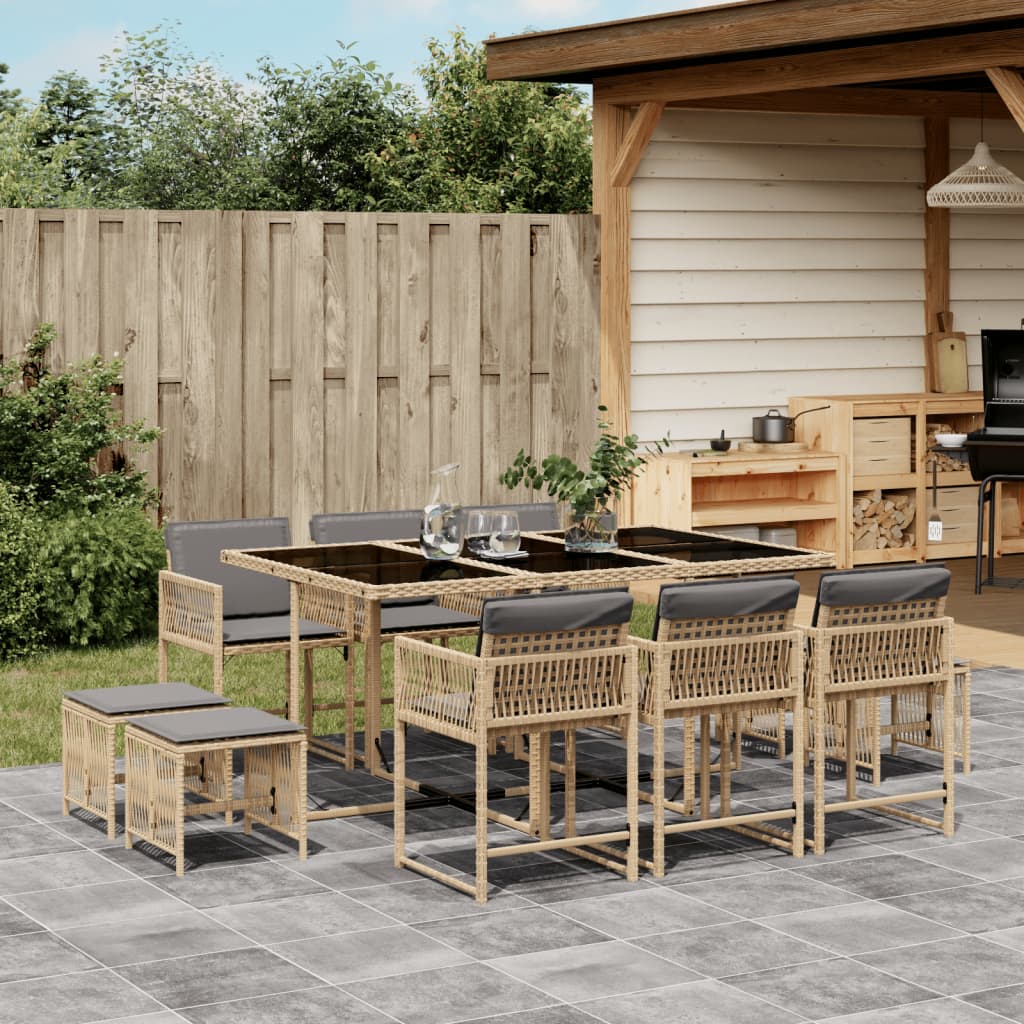 vidaXL 11-tlg. Garten-Essgruppe mit Kissen Beigemischung Poly Rattan