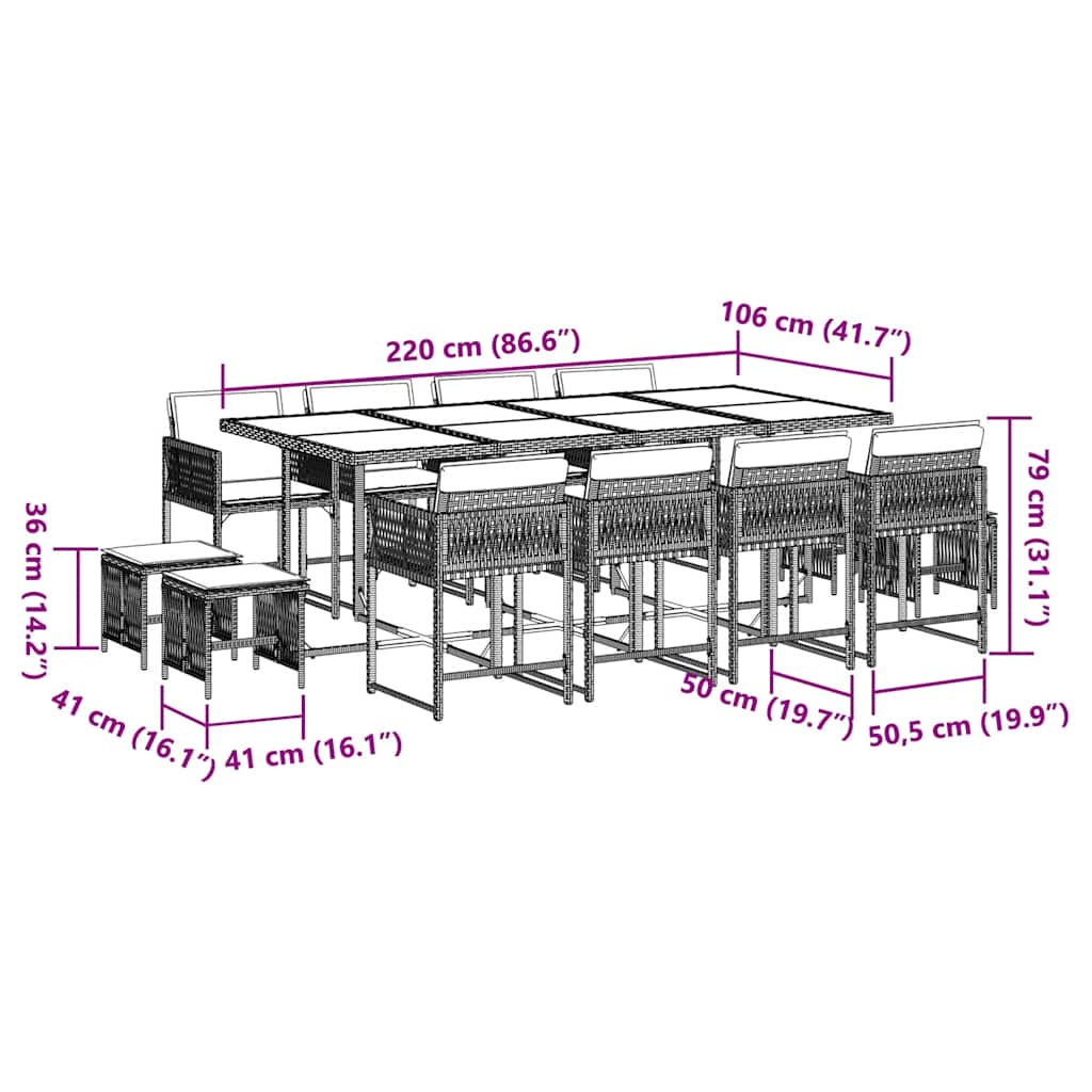 Set mobilier de grădină cu perne, 13 piese, gri, poliratan 3211520 - imagine 6