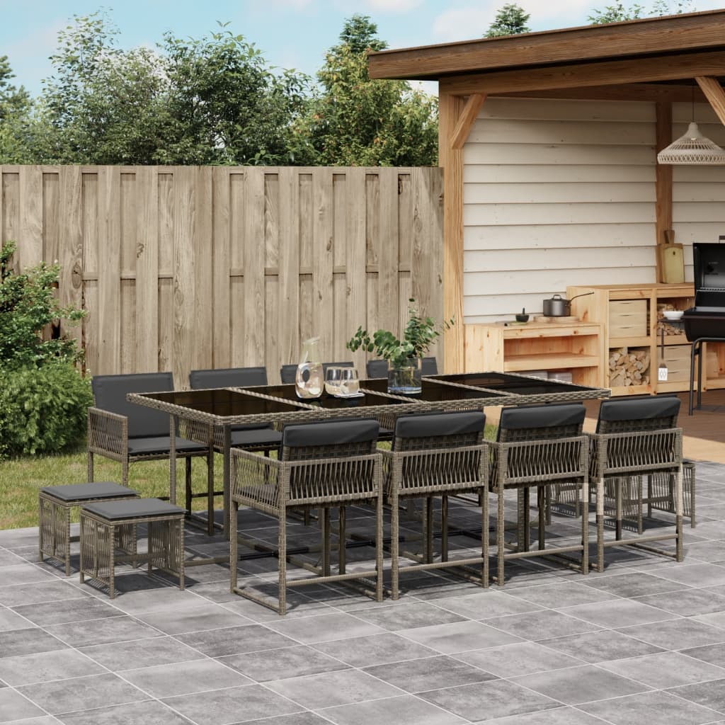 vidaXL 13-tlg. Garten-Essgruppe mit Kissen Grau Poly Rattan