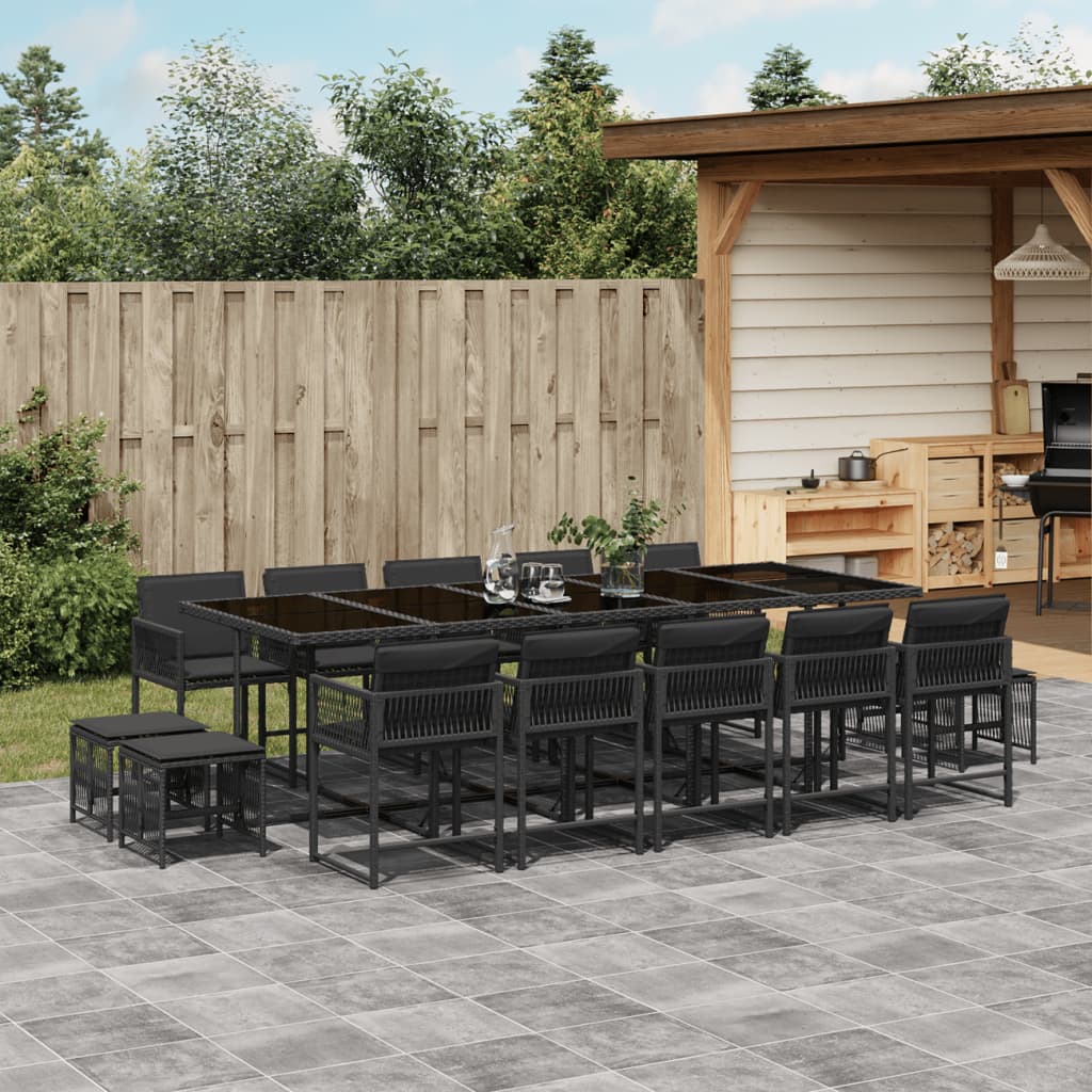 vidaXL 15-tlg. Garten-Essgruppe mit Kissen Schwarz Poly Rattan