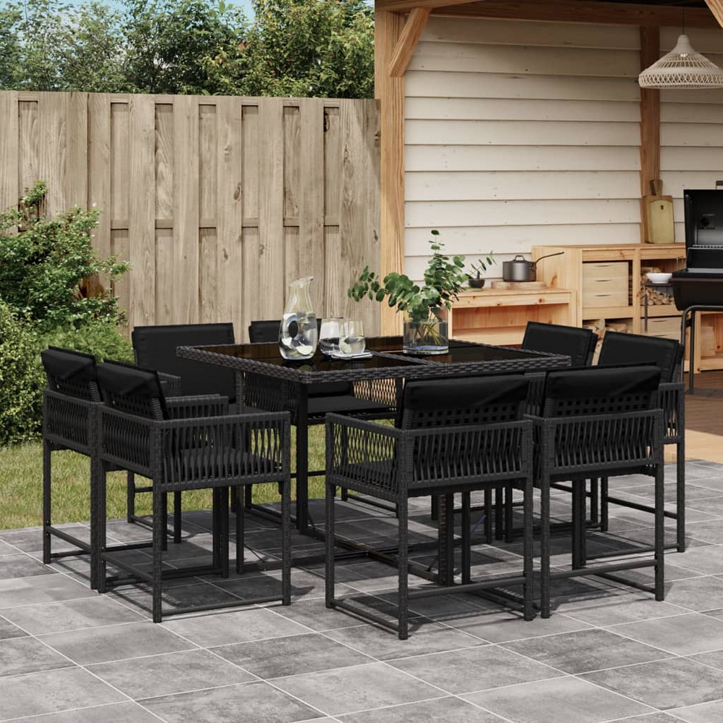 vidaXL 9-tlg. Garten-Essgruppe mit Kissen Schwarz Poly Rattan