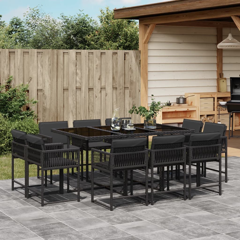 vidaXL 11-tlg. Garten-Essgruppe mit Kissen Schwarz Poly Rattan