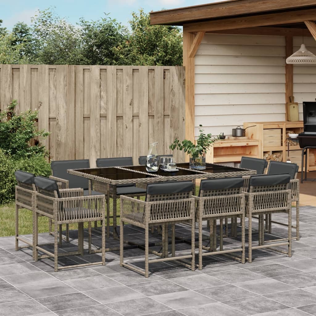 vidaXL 11-tlg. Garten-Essgruppe mit Kissen Grau Poly Rattan