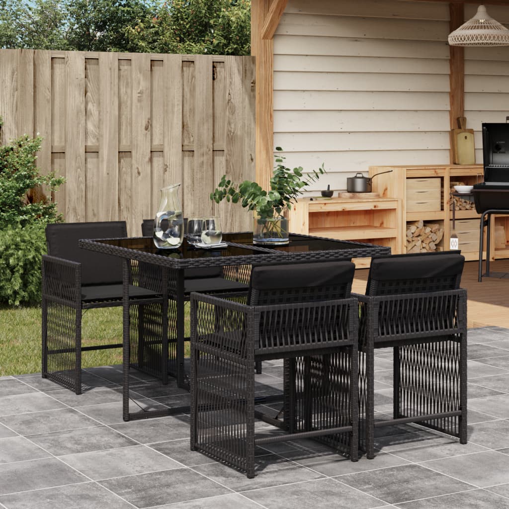 vidaXL 5-tlg. Garten-Essgruppe mit Kissen Schwarz Poly Rattan