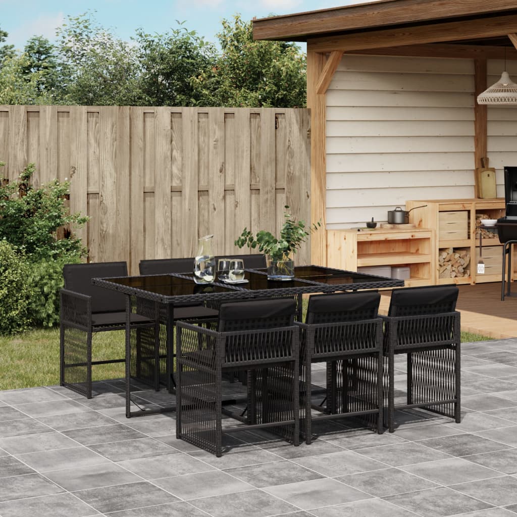 vidaXL 7-tlg. Garten-Essgruppe mit Kissen Schwarz Poly Rattan