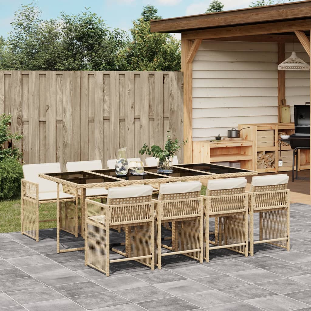 vidaXL 9-tlg. Garten-Essgruppe mit Kissen Beige Poly Rattan