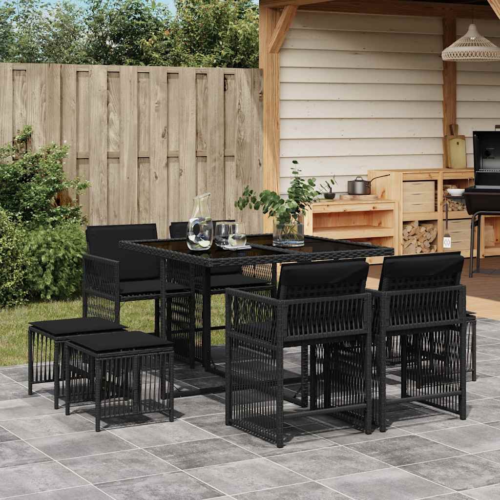 vidaXL 9-tlg. Garten-Essgruppe mit Kissen Schwarz Poly Rattan