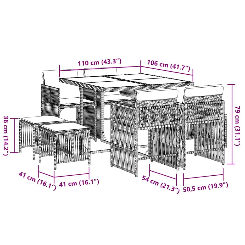 Set mobilier grădină cu perne, 9 piese, gri, poliratan 3211676 - imagine 6