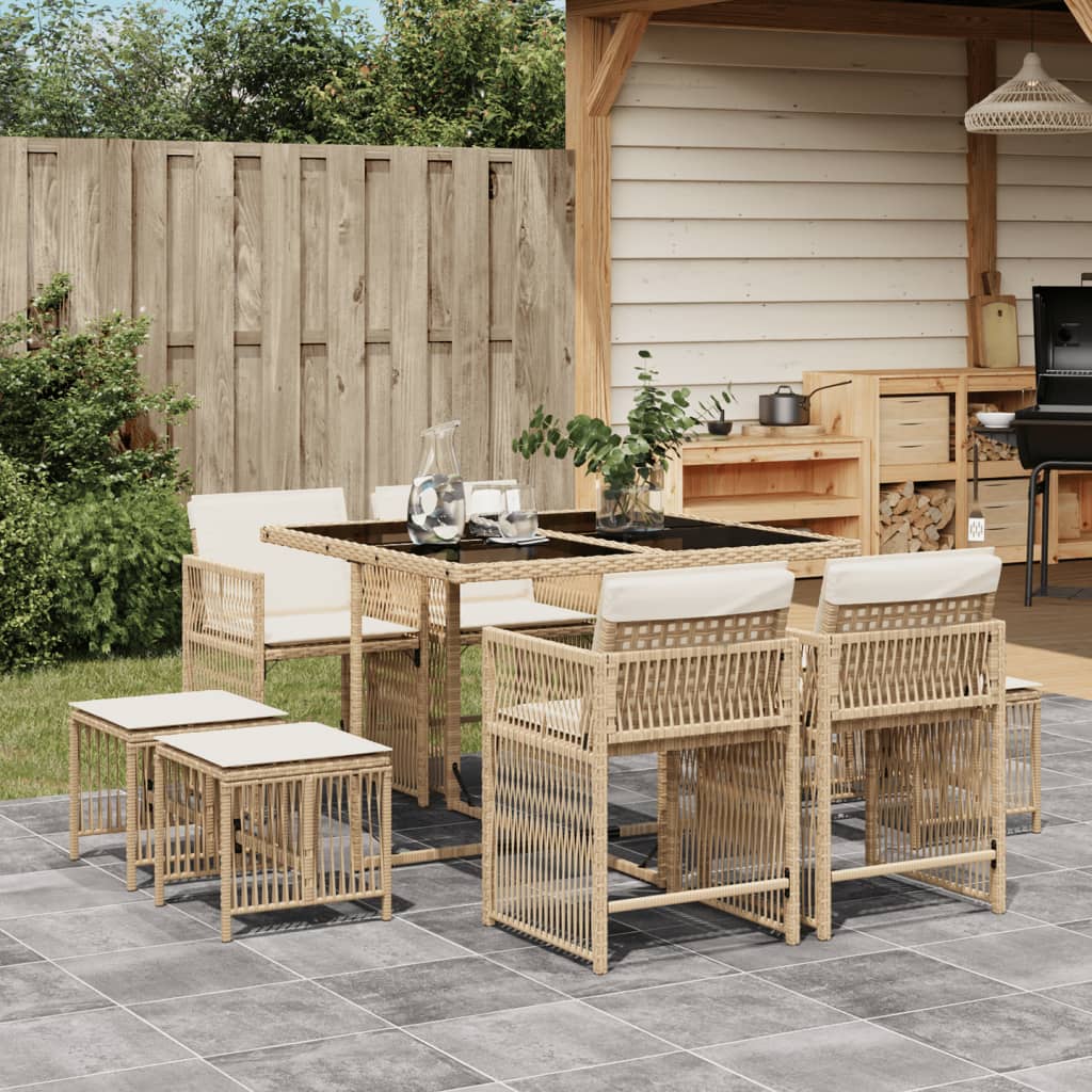 vidaXL 9-tlg. Garten-Essgruppe mit Kissen Beige Poly Rattan