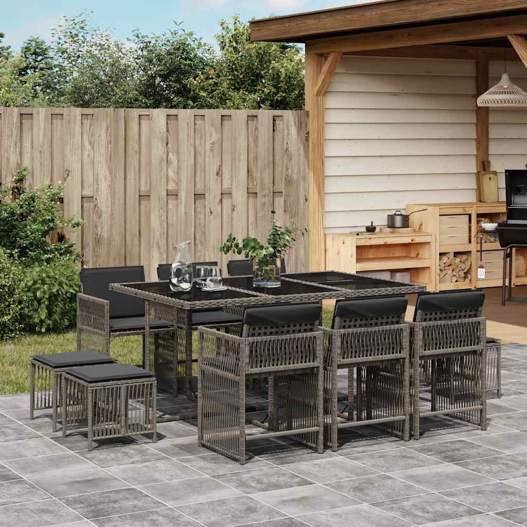 vidaXL 11-tlg. Garten-Essgruppe mit Kissen Grau Poly Rattan