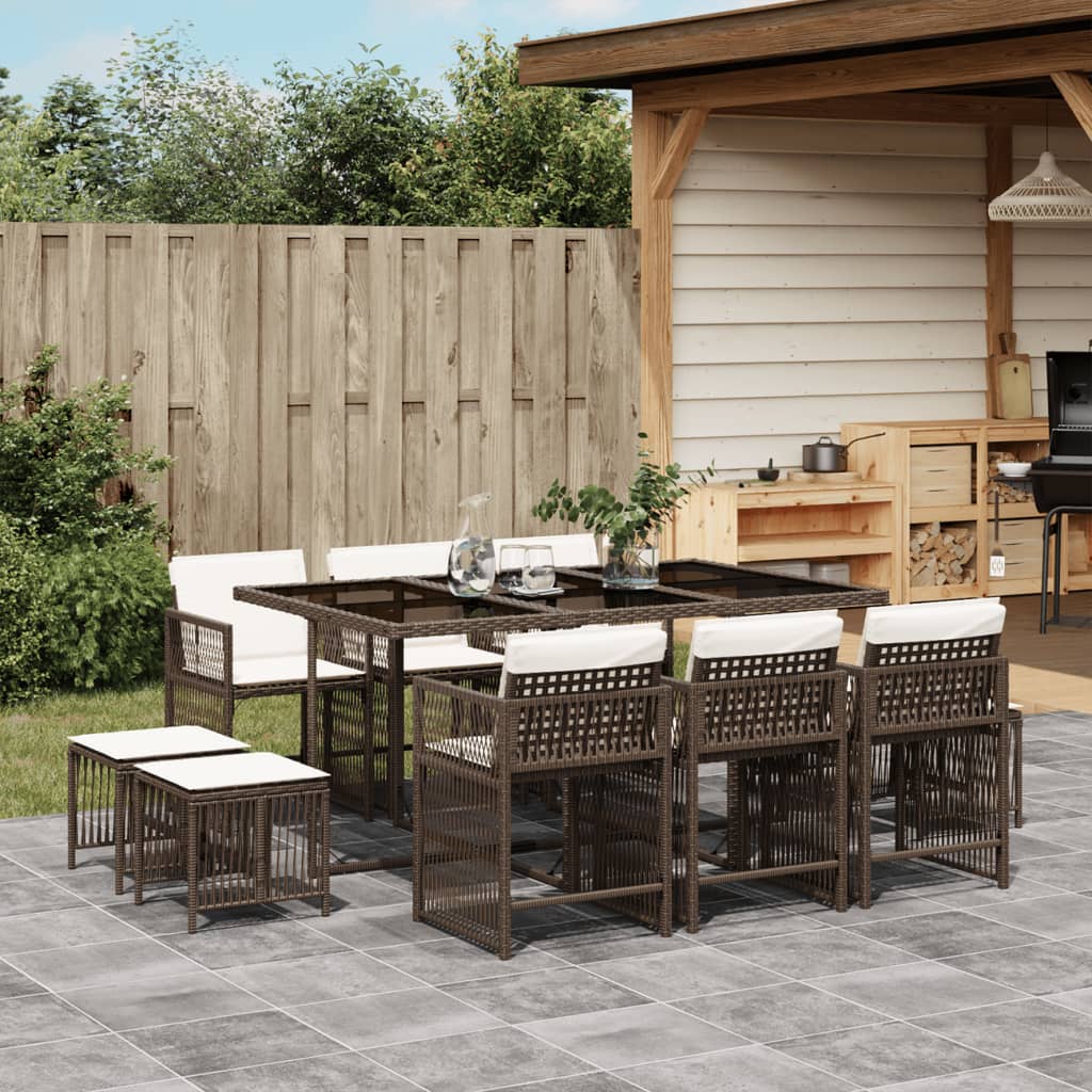 vidaXL 11-tlg. Garten-Essgruppe mit Kissen Braun Poly Rattan