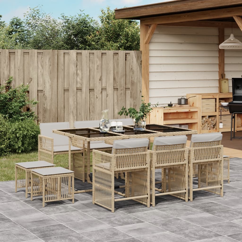 vidaXL 11-tlg. Garten-Essgruppe mit Kissen Beige Poly Rattan