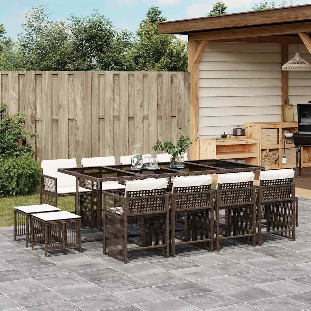 vidaXL 13-tlg. Garten-Essgruppe mit Kissen Braun Poly Rattan