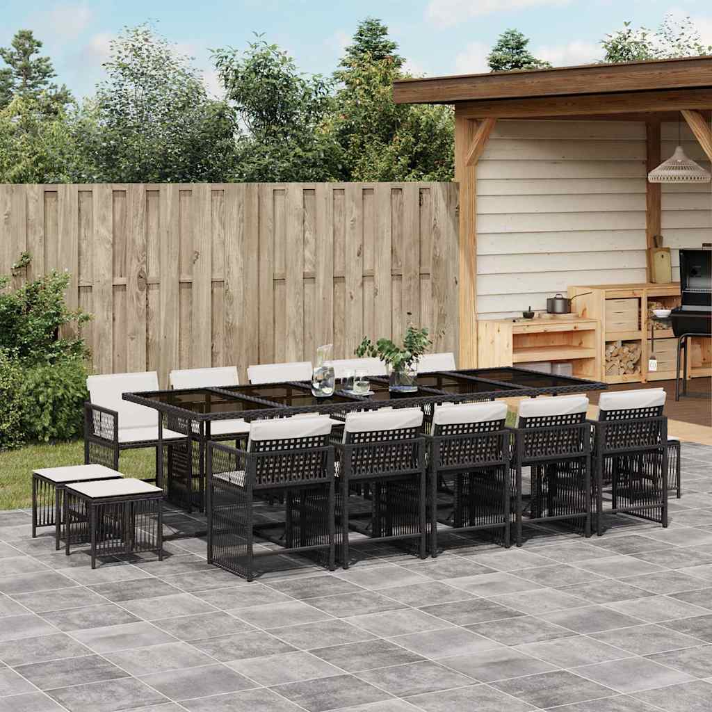 vidaXL 15-tlg. Garten-Essgruppe mit Kissen Schwarz Poly Rattan