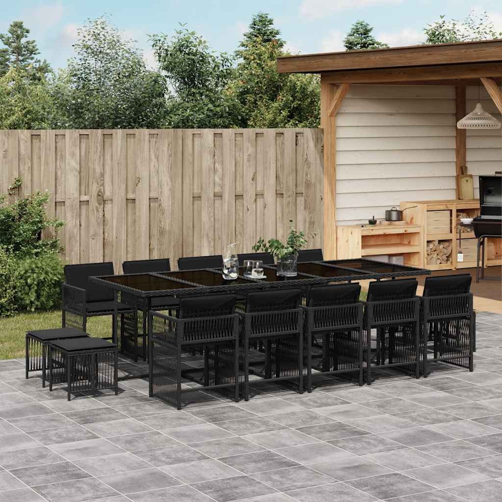 vidaXL 15-tlg. Garten-Essgruppe mit Kissen Schwarz Poly Rattan