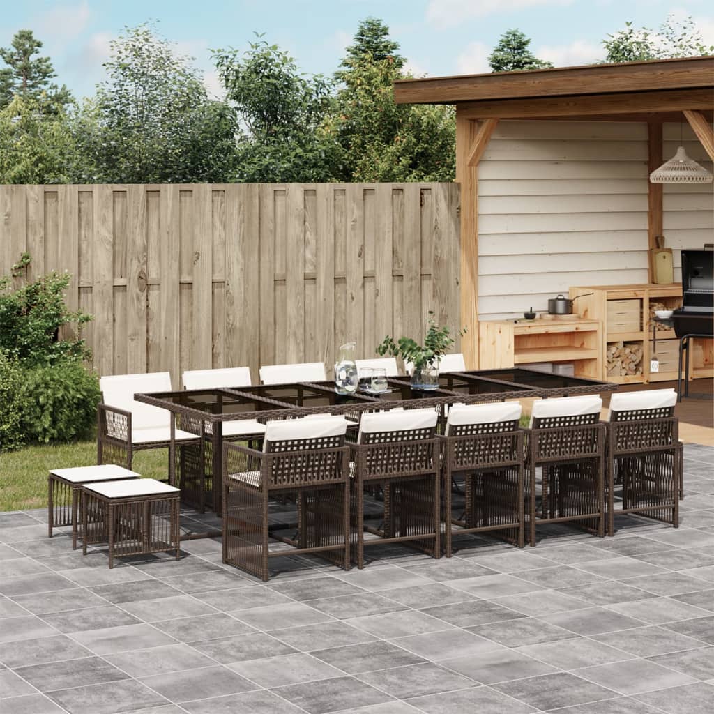 vidaXL 15-tlg. Garten-Essgruppe mit Kissen Braun Poly Rattan