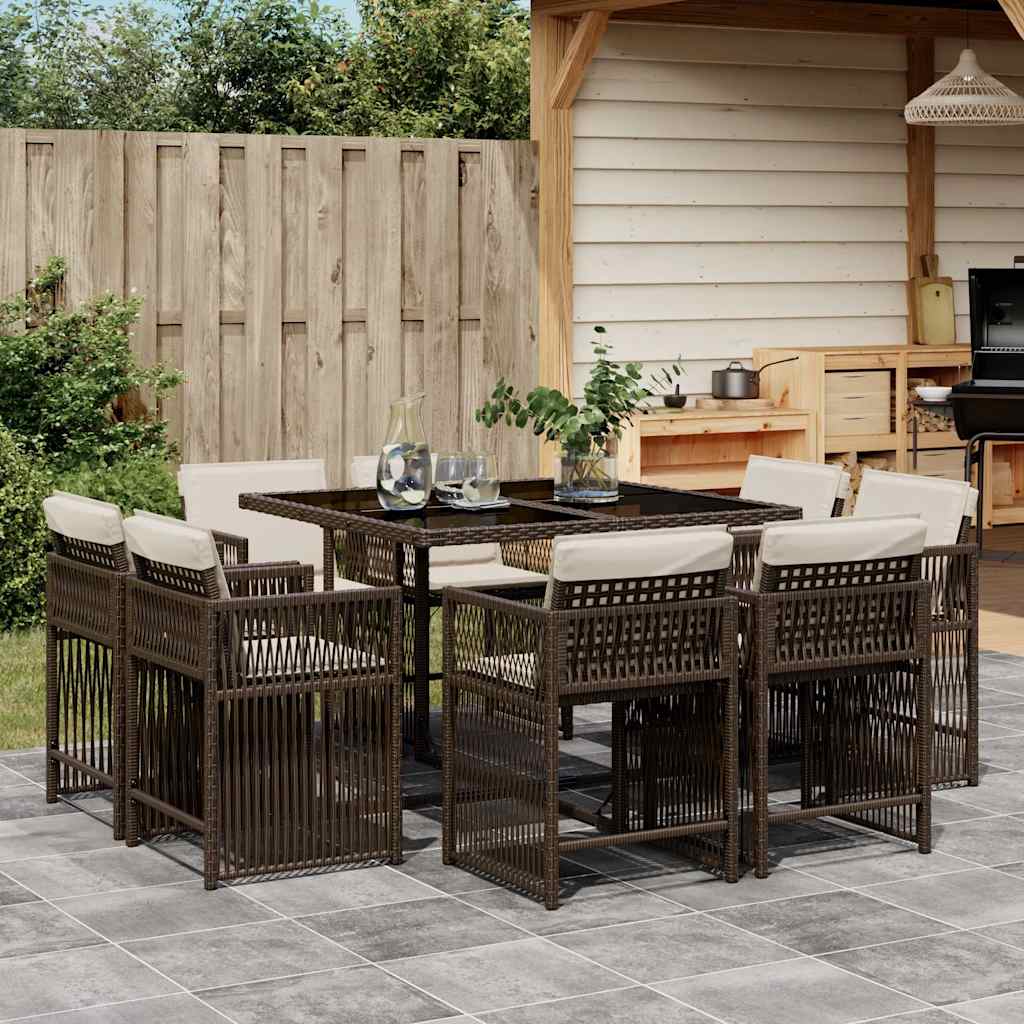 vidaXL 9-tlg. Garten-Essgruppe mit Kissen Braun Poly Rattan