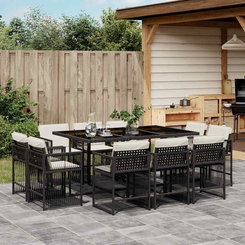 vidaXL 11-tlg. Garten-Essgruppe mit Kissen Schwarz Poly Rattan