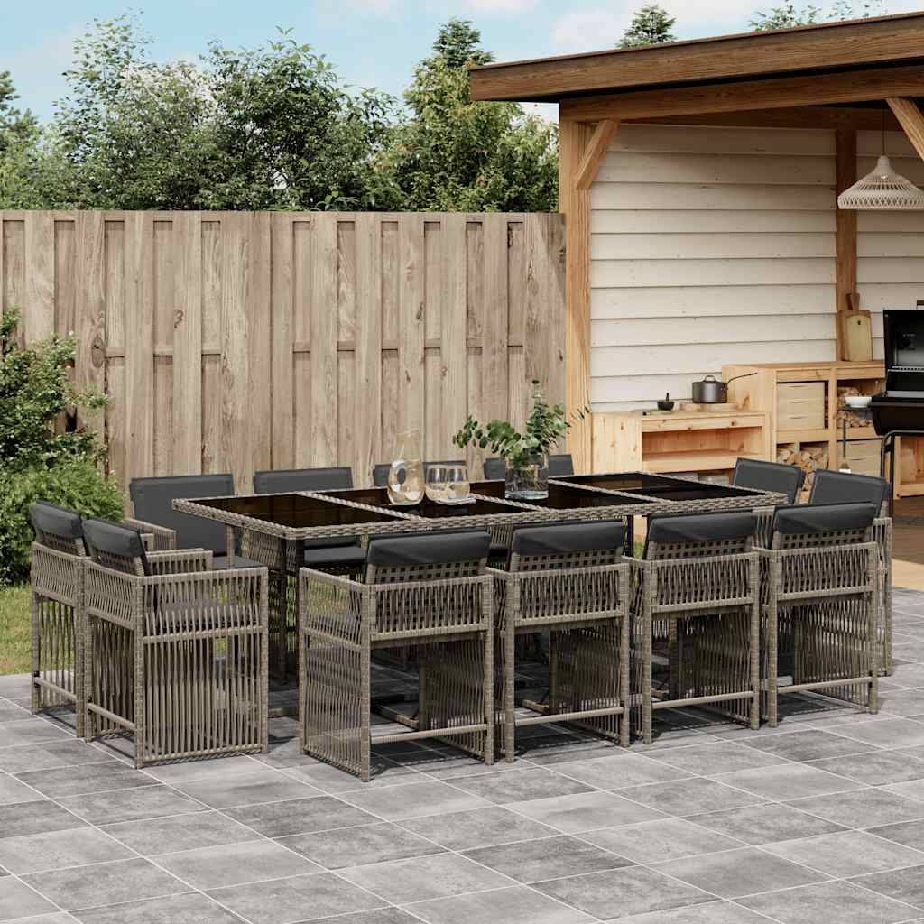 vidaXL 13 pcs conjunto jantar p/ jardim c/ almofadões vime PE cinzento