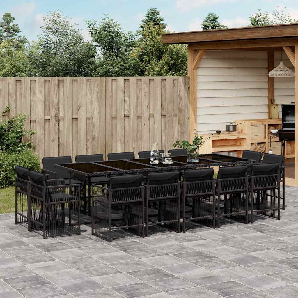 vidaXL 15-tlg. Garten-Essgruppe mit Kissen Schwarz Poly Rattan