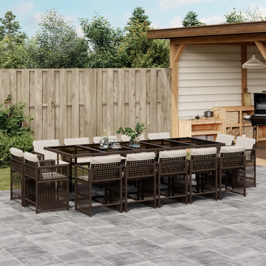 vidaXL 15-tlg. Garten-Essgruppe mit Kissen Braun Poly Rattan