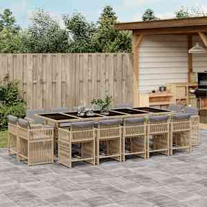 Vrtna jedilna garnitura 15-delna z blazinami bež poli ratan