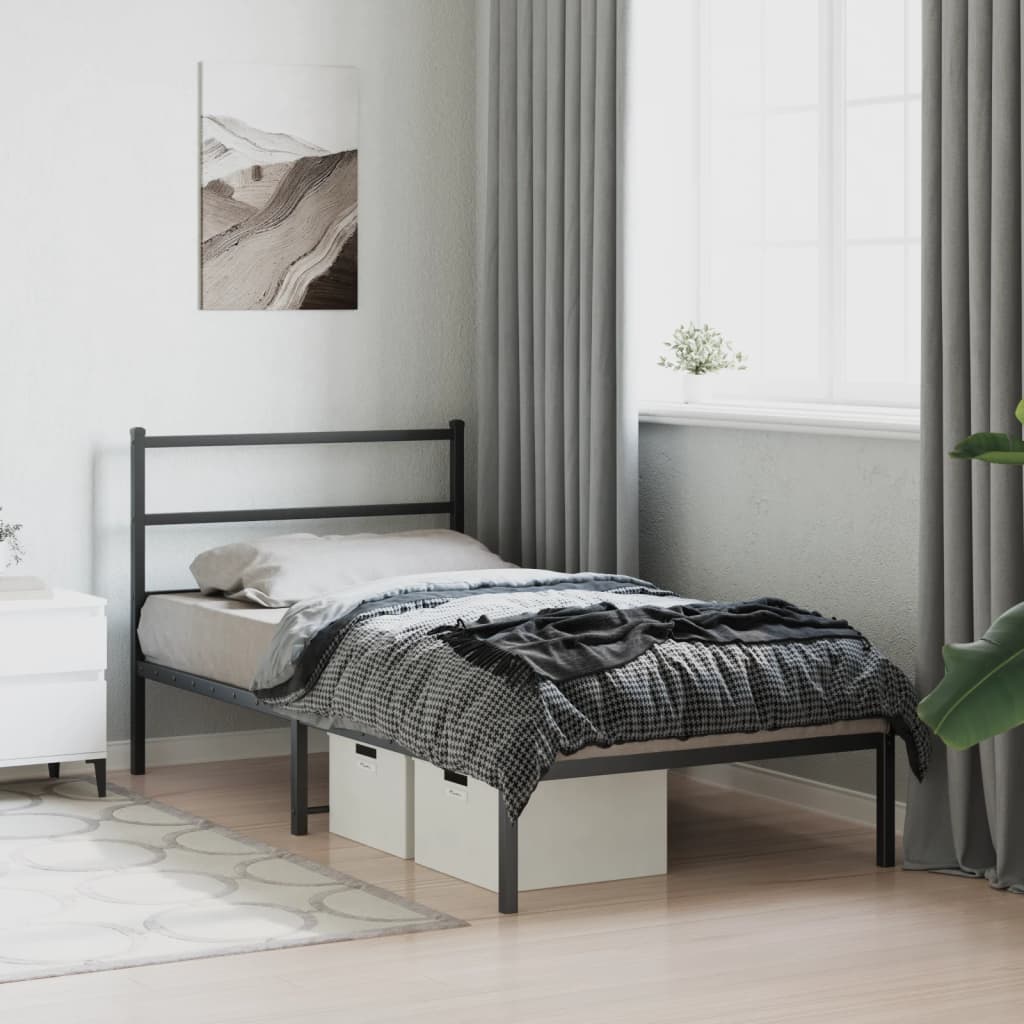 vidaXL Bedframe met hoofdbord metaal zwart 107x203 cm, foto 2