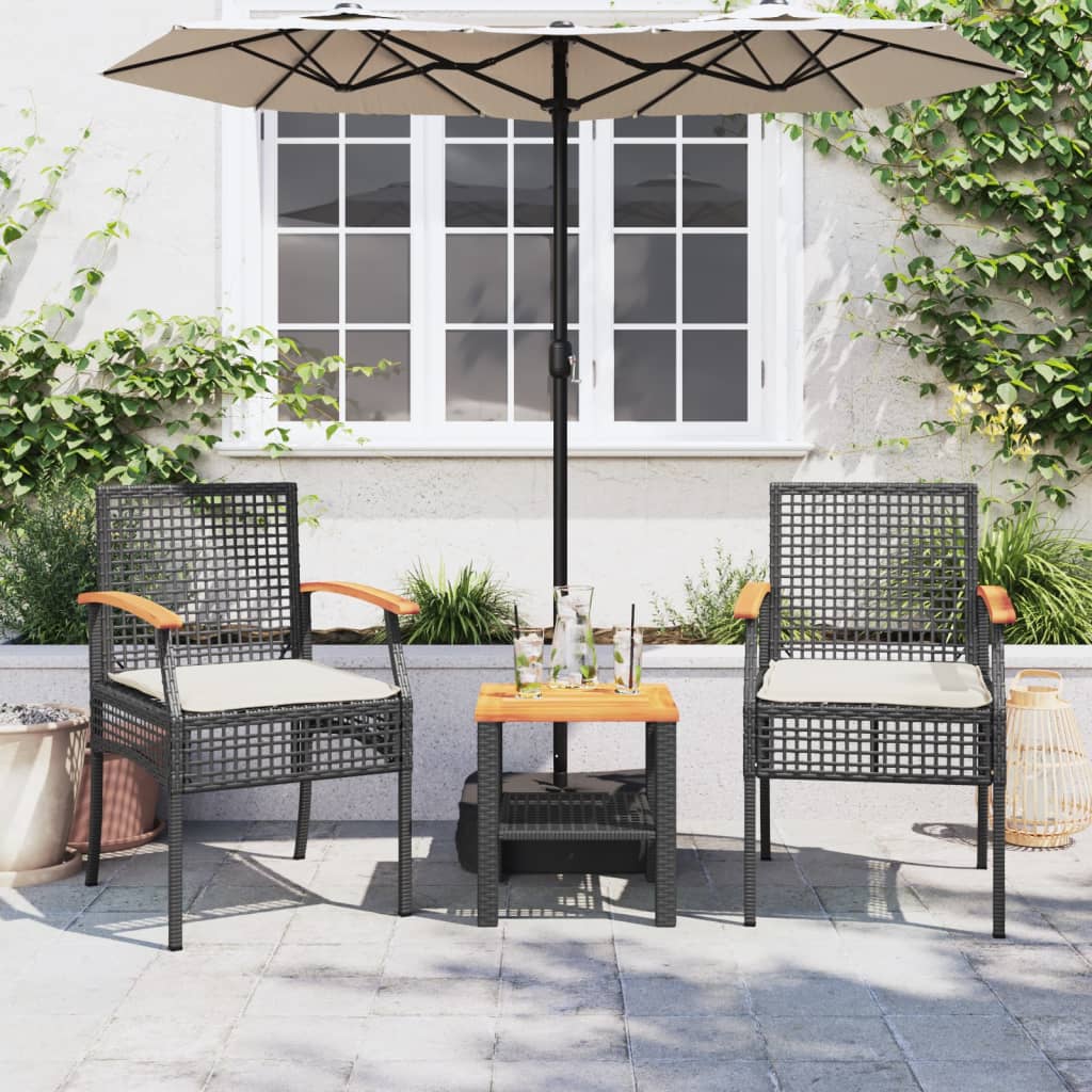 vidaXL 3-delige Bistroset met kussens poly rattan en acaciahout zwart afbeelding