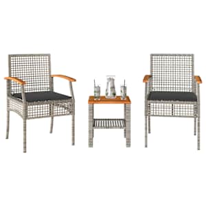 3dílný bistro set s poduškami šedý polyratan akáciové dřevo - obrázek 1