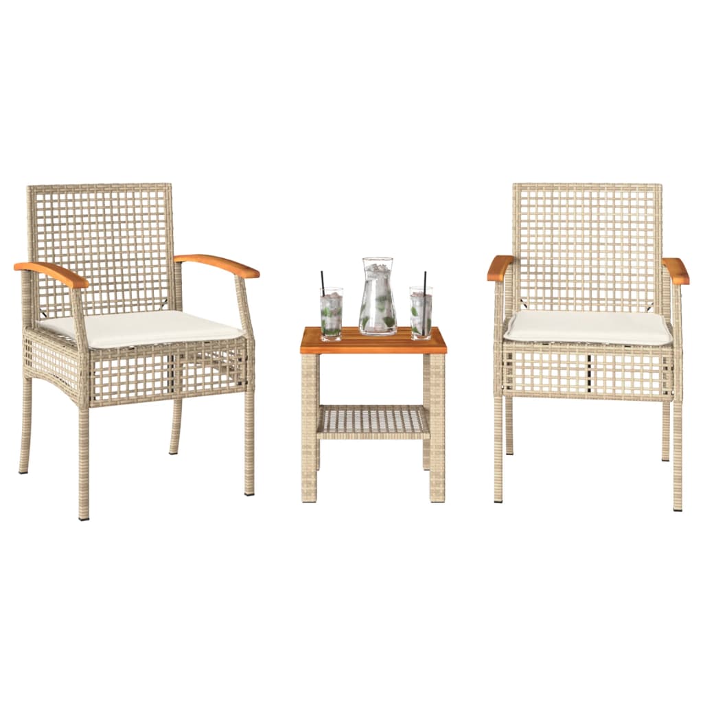 vidaXL 3-tlg. Bistro-Set mit Kissen Beige Poly Rattan Akazienholz